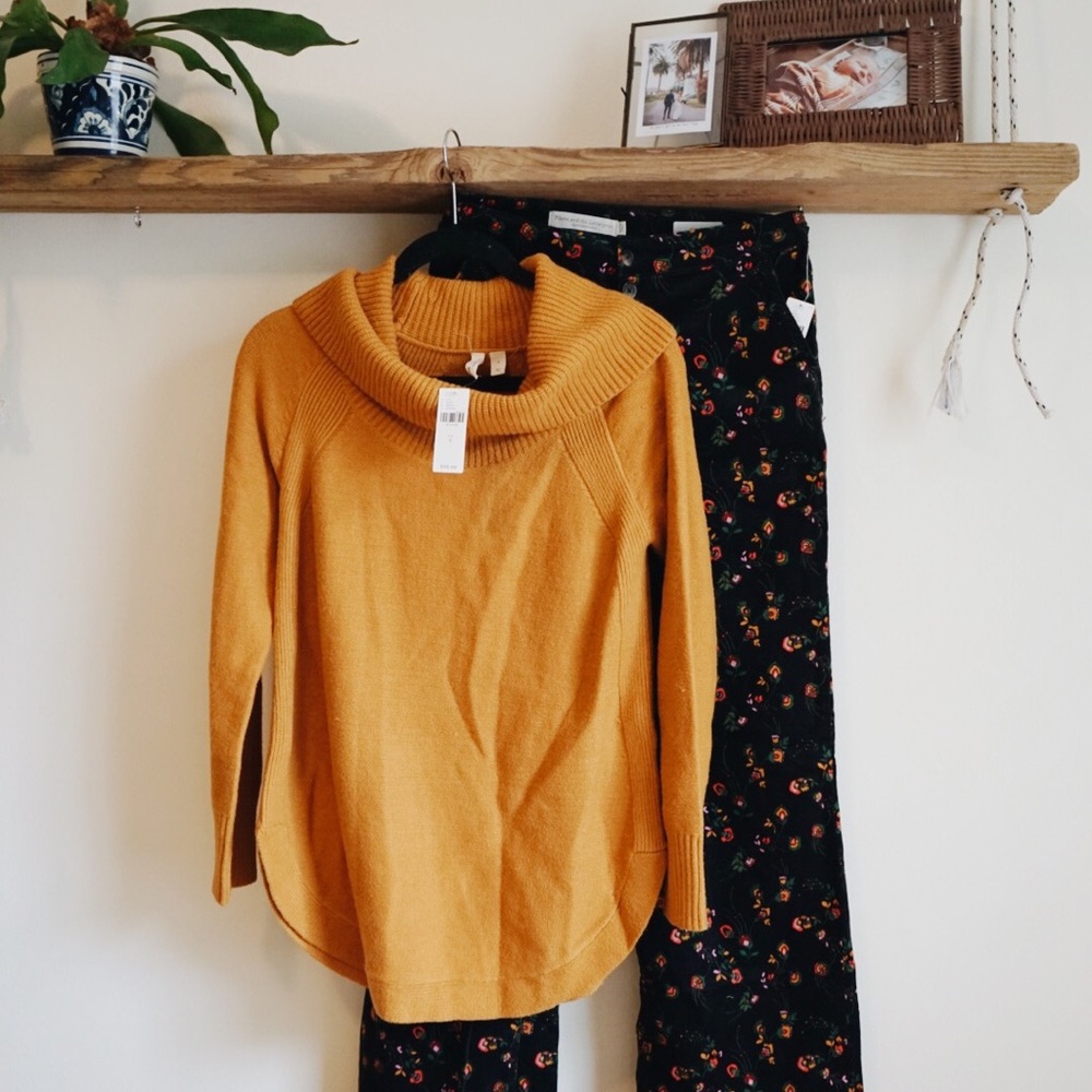 Anthropologie mustard cowl neck sweater
